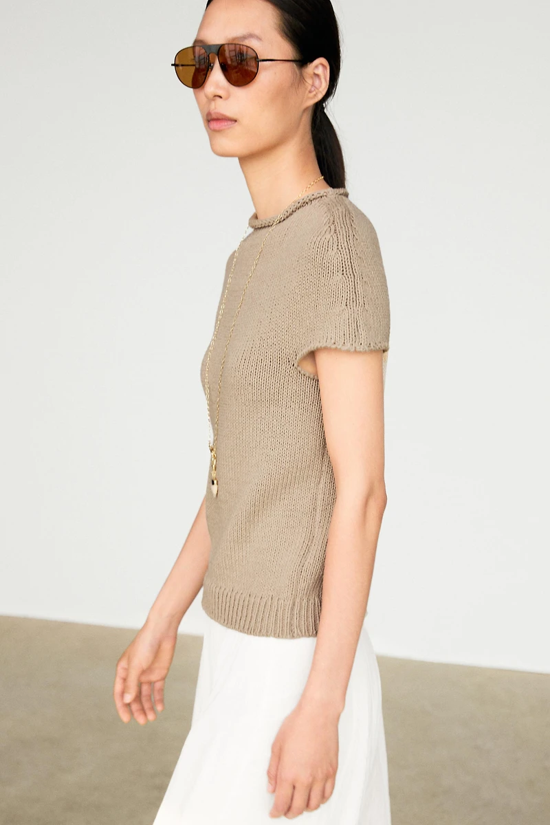Cotton blend short sleeve roll neck sweater