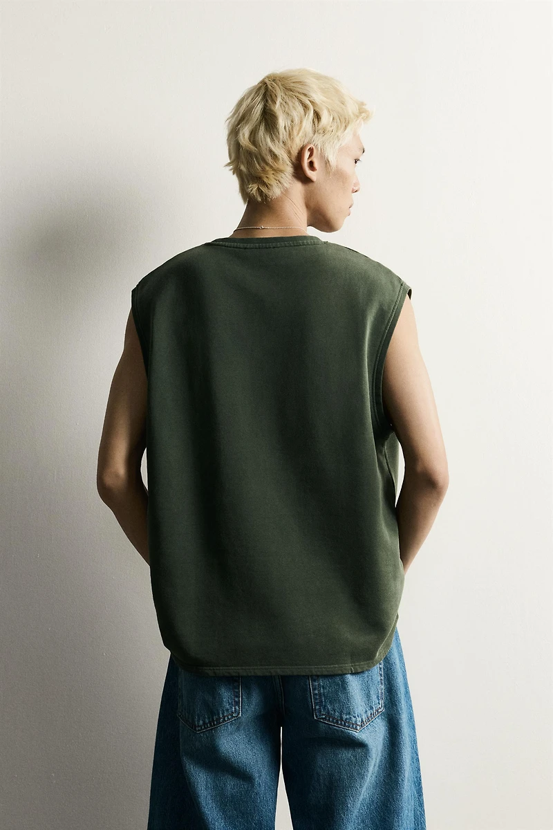 RELAXED FIT EMBROIDERED TEXT TANK SWEATSHIRT