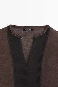 Flowing oversize linen blend blouse with lace trim