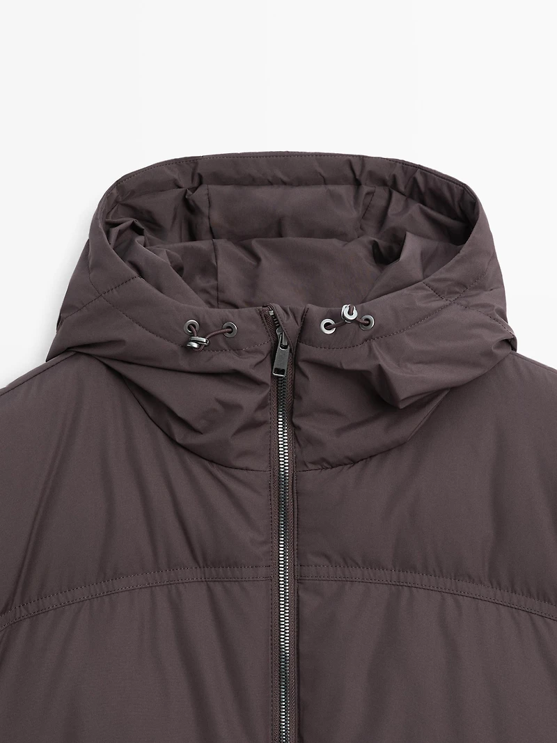 Long water-repellent hooded puffer jacket