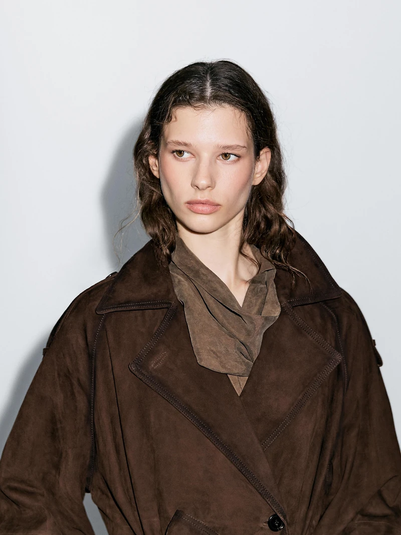 Long suede leather trench coat