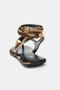 ANIMAL PRINT LEATHER SANDALS WITH FUR EFFECT