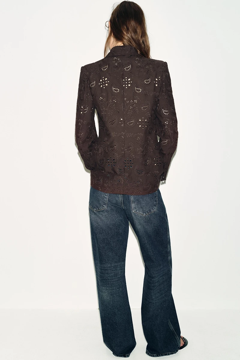 STRAIGHT BLAZER WITH EMBROIDERED PERFORATED SHOULDER PADS
