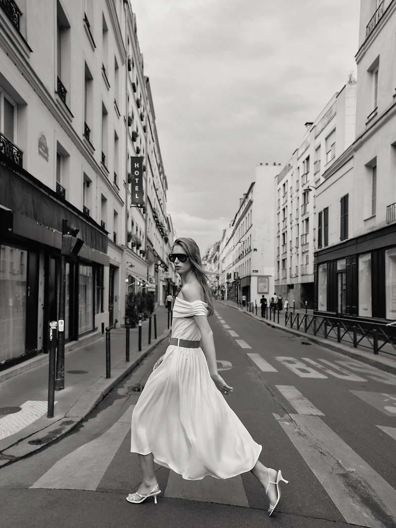 OFF-THE-SHOULDER COMBINATION MIDI DRESS WITH BELT