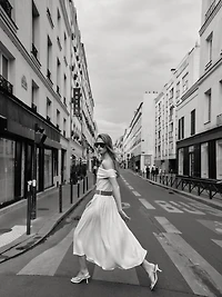 OFF-THE-SHOULDER COMBINATION MIDI DRESS WITH BELT