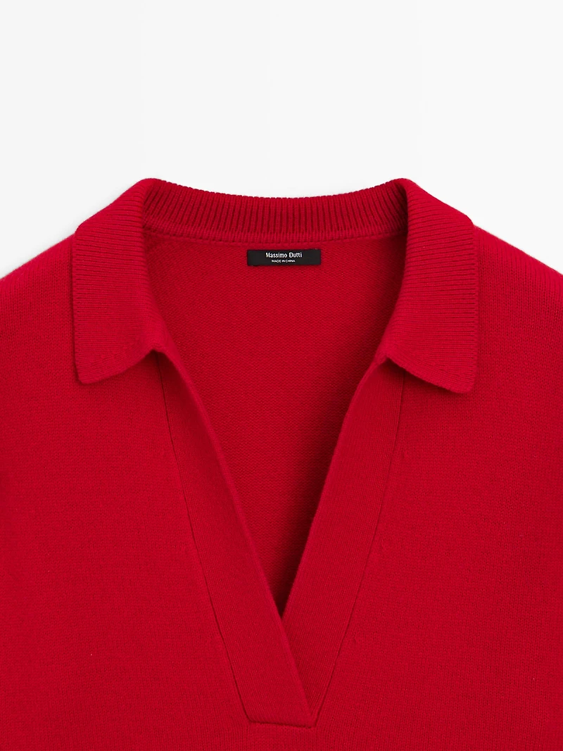 Polo col V en maille de laine mélangée