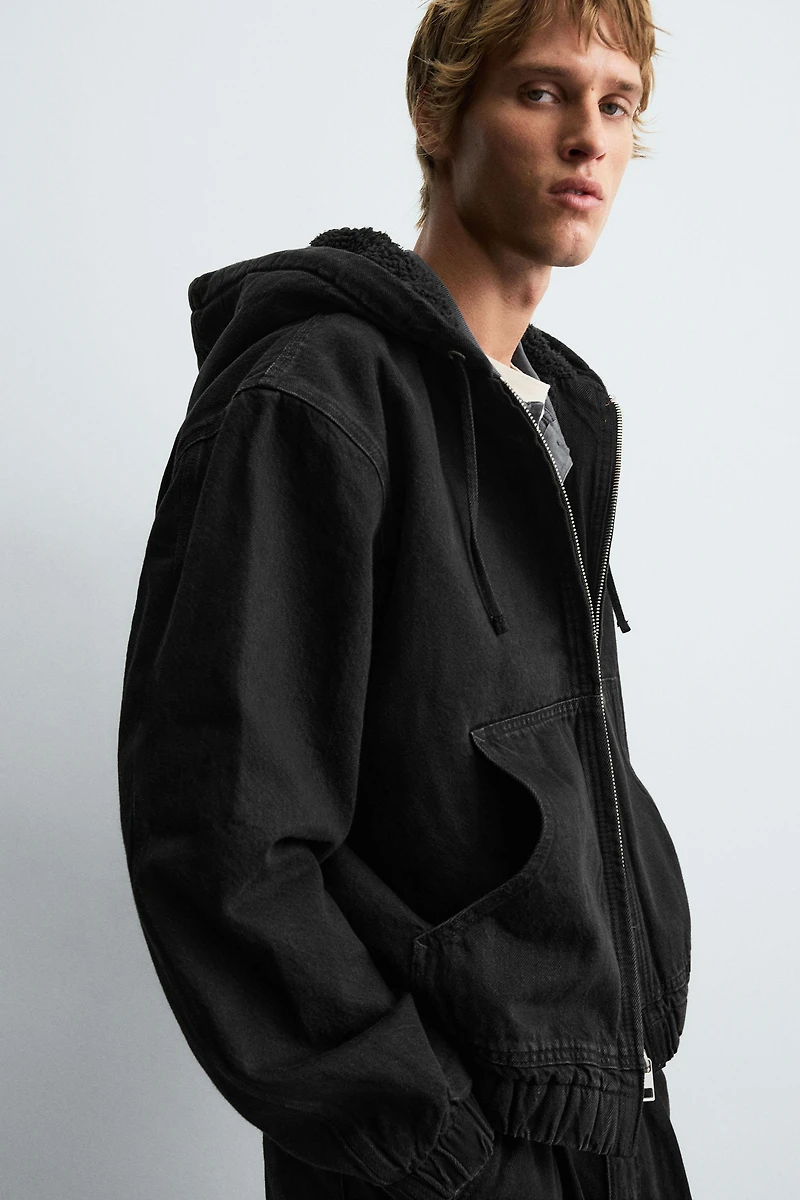 FLEECE LINED DENIM JACKET WITH HOODIE