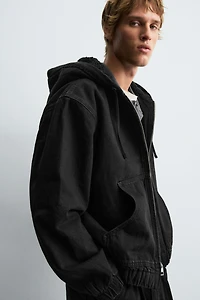 FLEECE LINED DENIM JACKET WITH HOODIE