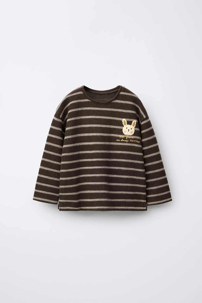 SOFT TOUCH STRIPED T-SHIRT WITH TERRY BUNNY PATCH