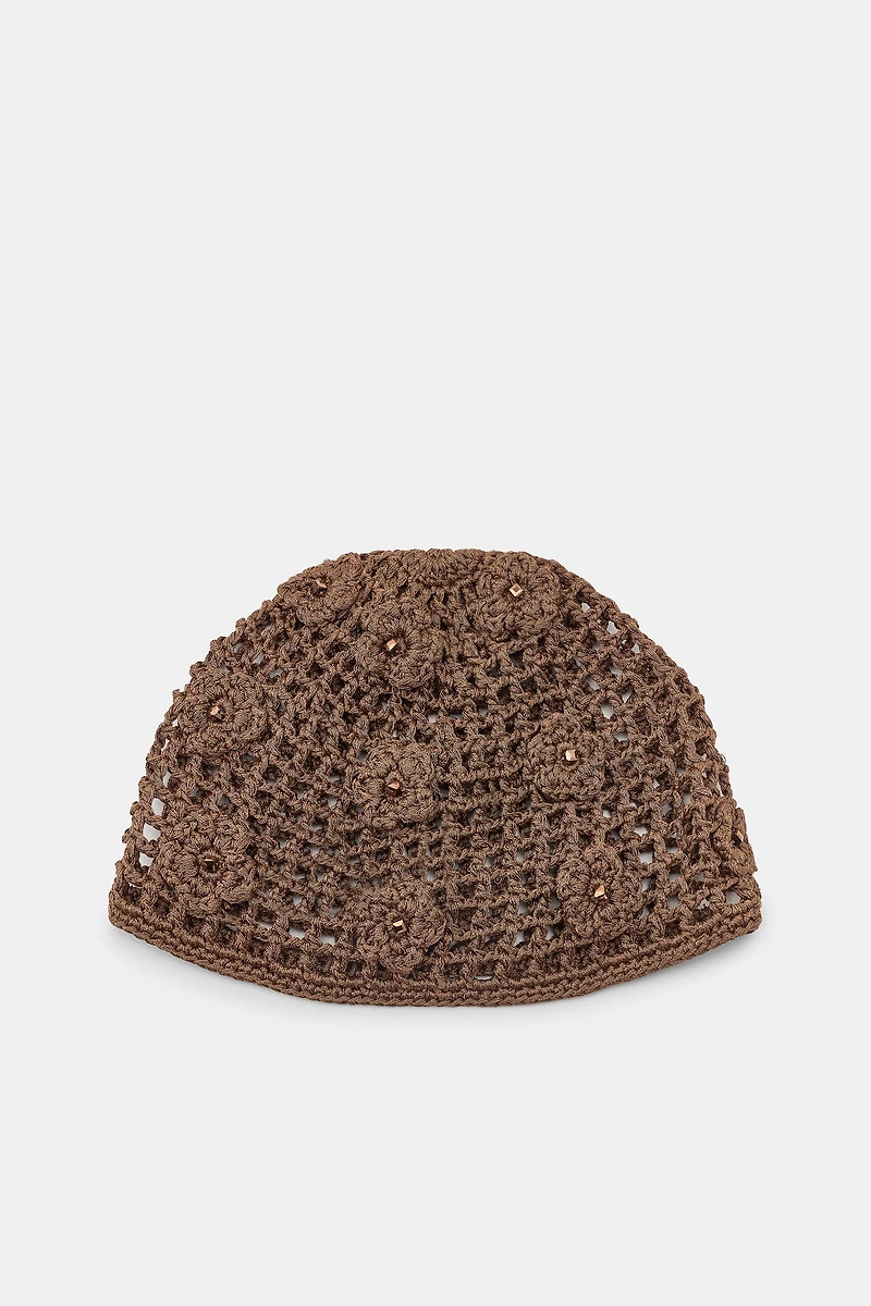 CROCHET BEANIE WITH BEADED FLOWERS