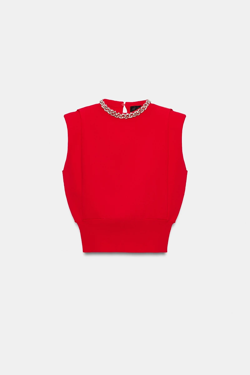JEWEL NECK SHOULDER PAD TOP