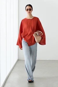 Flowing 100% linen surplice blouse