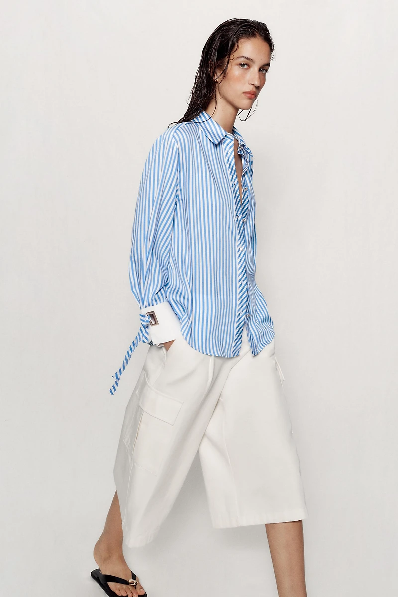 BOW TRIM STRIPED SHIRT