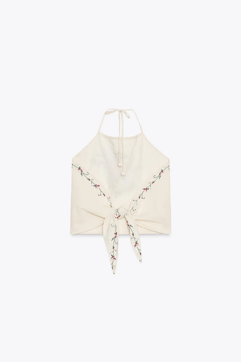 FLORAL EMBROIDERED HALTER TOP