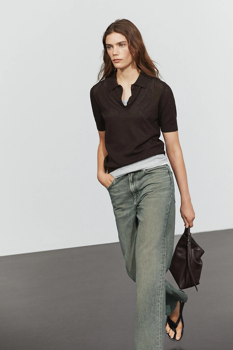 Cotton blend open-knit polo shirt