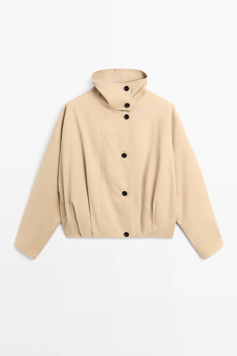 Pleated stand-collar bomber jacket