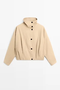 Pleated stand-collar bomber jacket