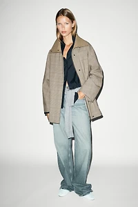 Cotton blend plaid high neck jacket