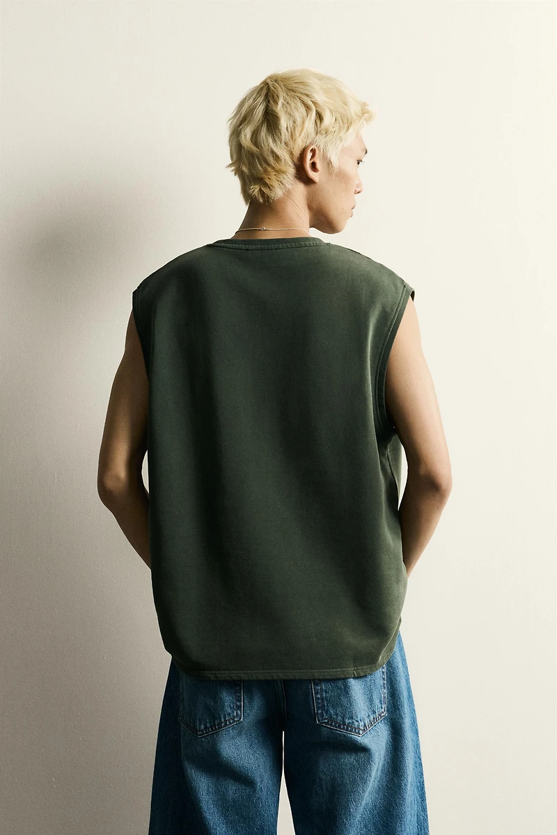 RELAXED FIT EMBROIDERED TEXT TANK SWEATSHIRT
