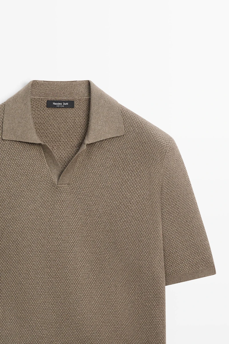 Cotton blend knit V-neck polo shirt
