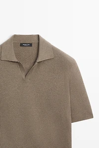 Cotton blend knit V-neck polo shirt