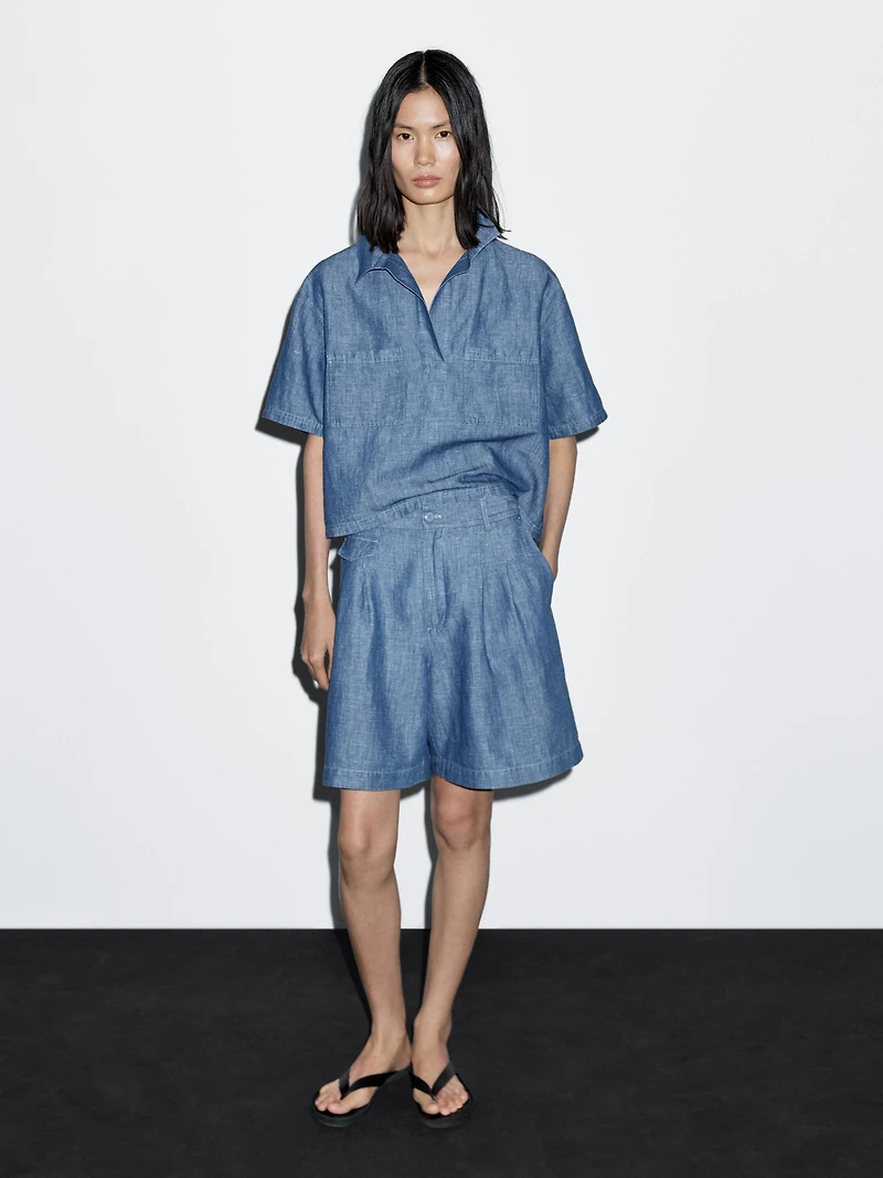Cotton and linen Bermuda shorts with pocket detail