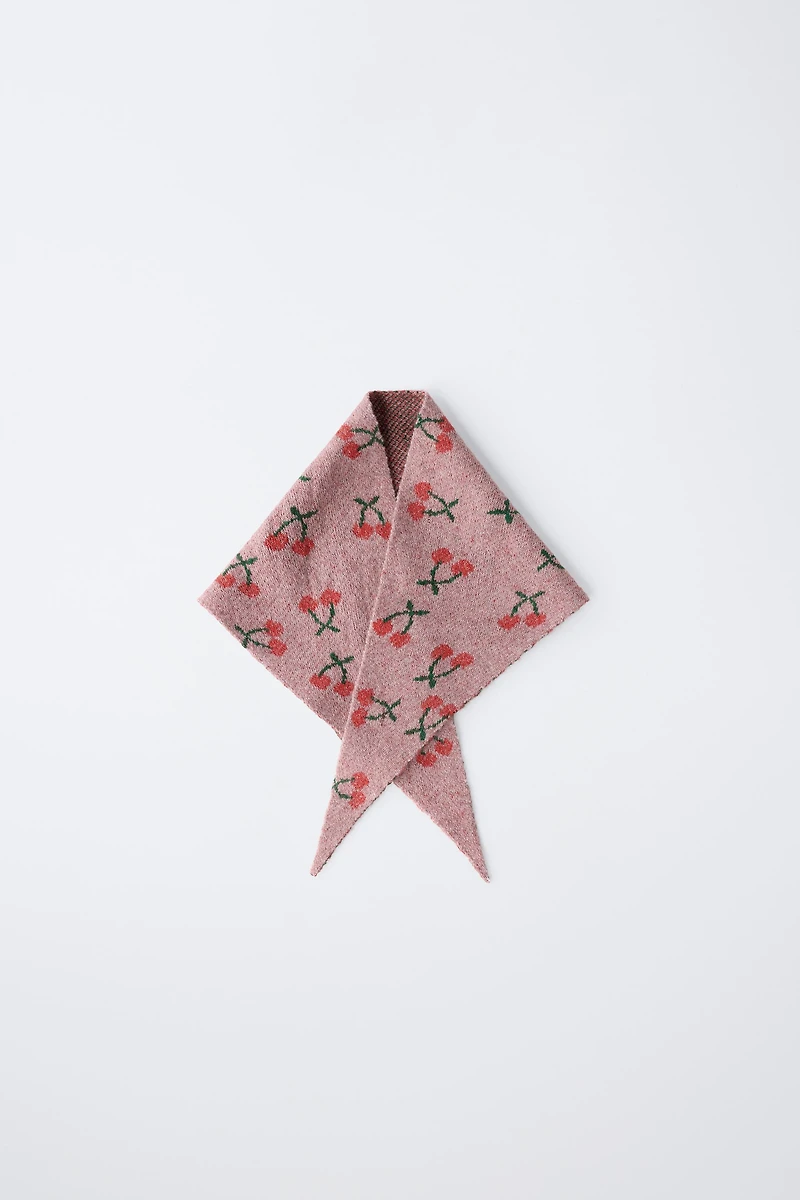 CHERRY EMBROIDERED TRIANGLE KNIT SCARF