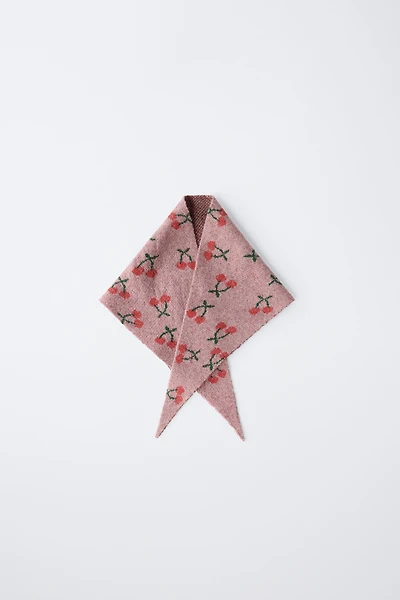 CHERRY EMBROIDERED TRIANGLE KNIT SCARF