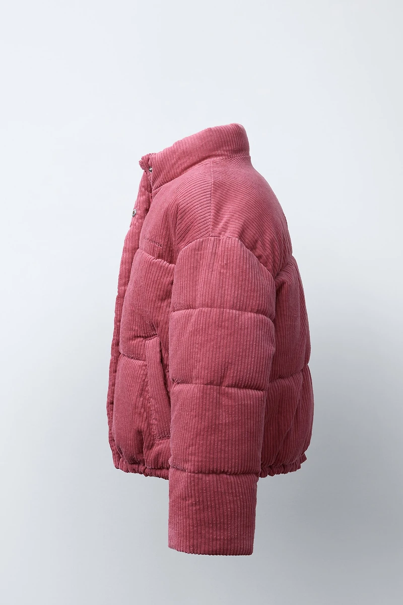 EMBROIDERED TEXT CORDUROY PUFFER JACKET