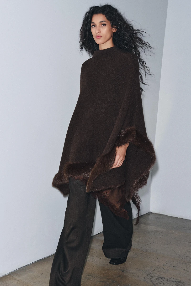 FAUX FUR KNIT CAPE PONCHO
