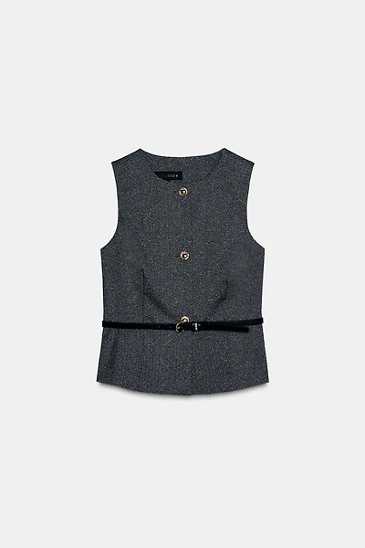 BELTED MARLED KNIT VEST TOP