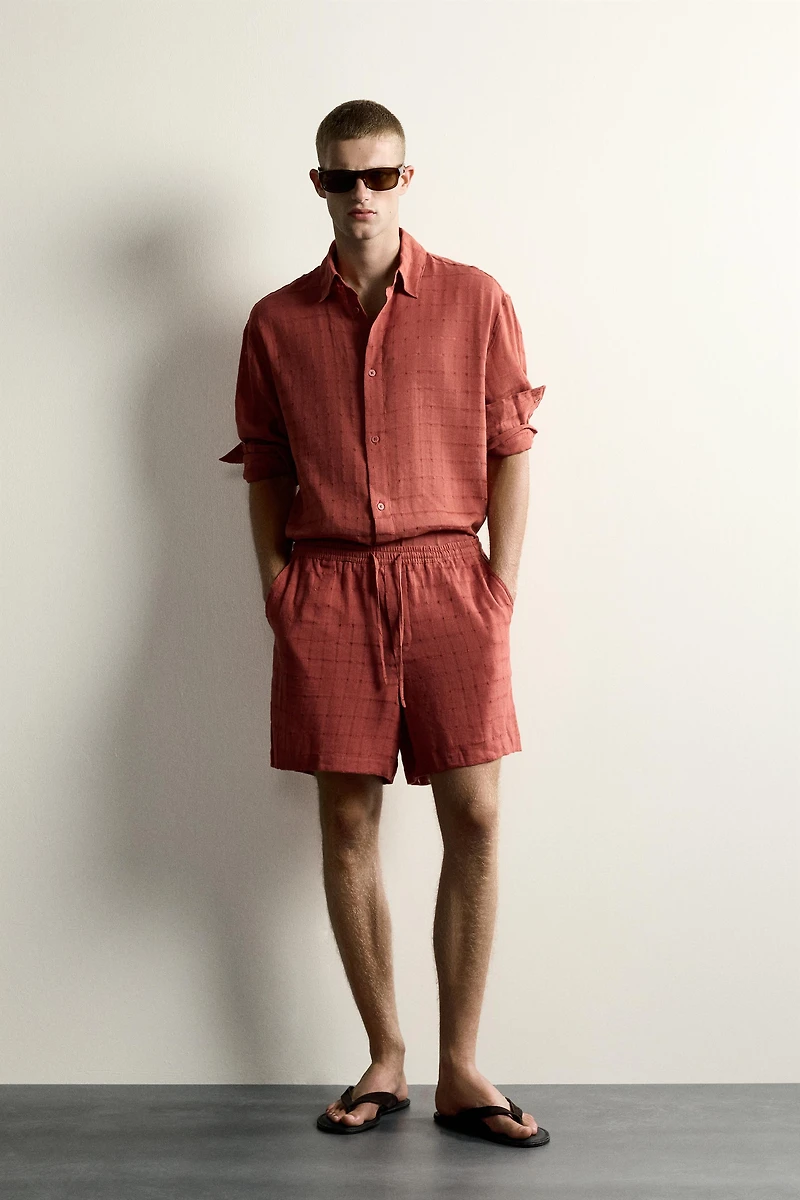 RELAXED FIT CHECKERED LINEN-COTTON JACQUARD SHIRT