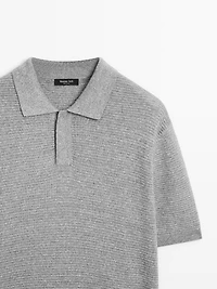 Linen and cotton blend knit polo shirt with short sleeves