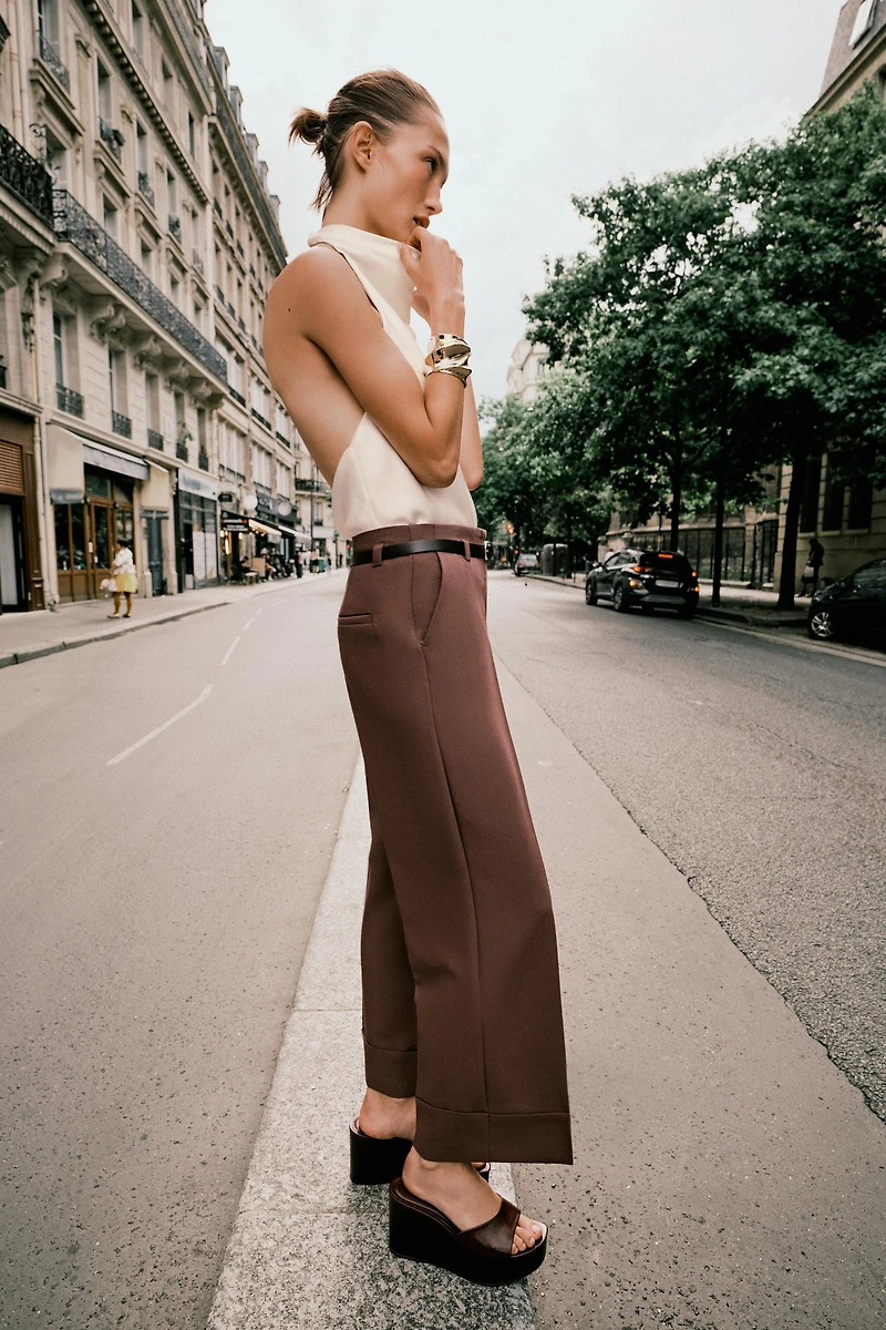 BELTED CUFFED HEM PANTS