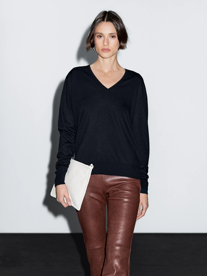Wool blend V-neck knit sweater