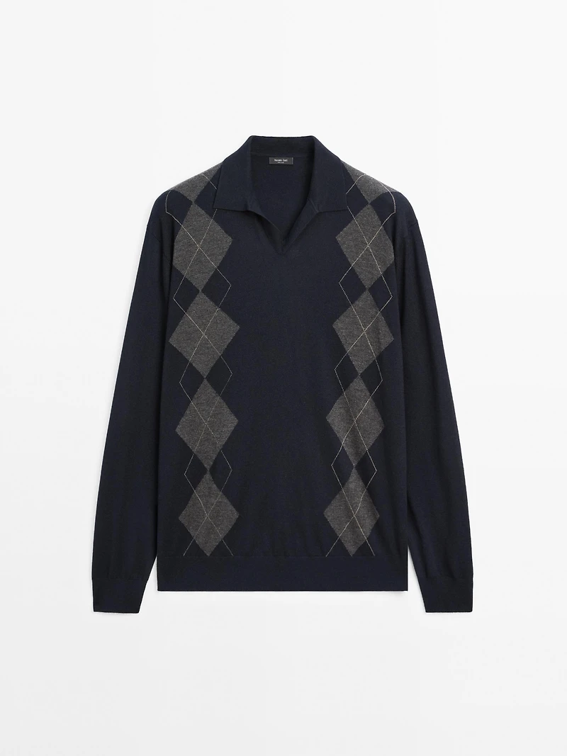 Wool blend Argyle knit polo sweater