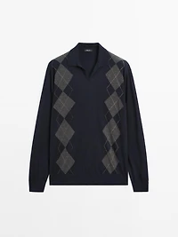 Wool blend Argyle knit polo sweater