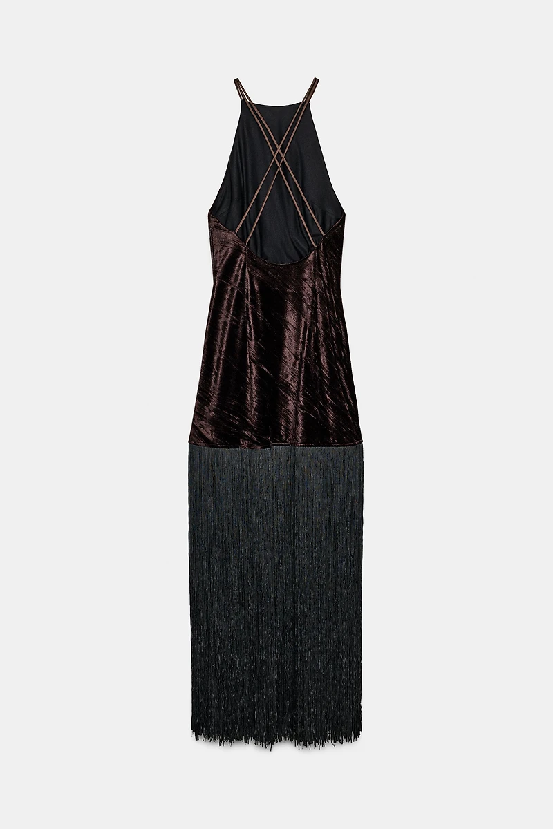VELVET FRINGE MIDI DRESS