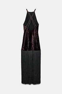 VELVET FRINGE MIDI DRESS