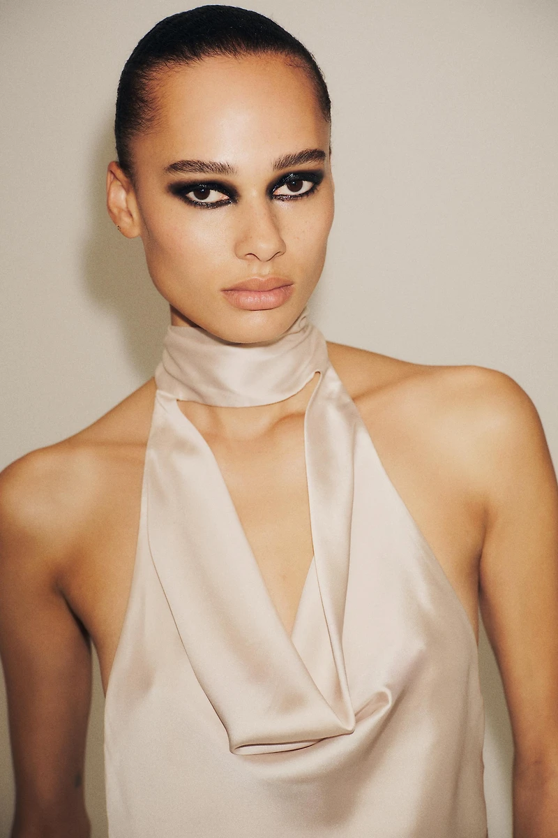 FRINGED HALTER SATIN EFFECT TOP