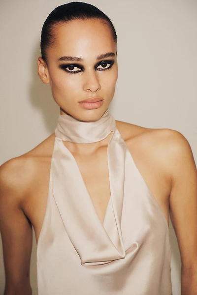 FRINGED HALTER SATIN EFFECT TOP