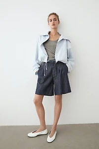 Cotton denim Bermuda shorts with topstitching