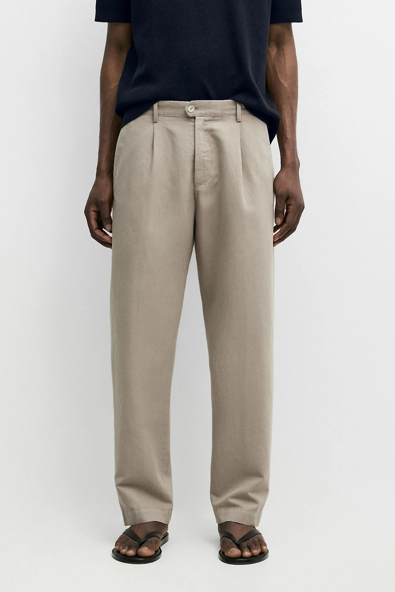 Pantalon straight à pinces en lin et coton
