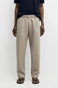 Pantalon straight à pinces en lin et coton