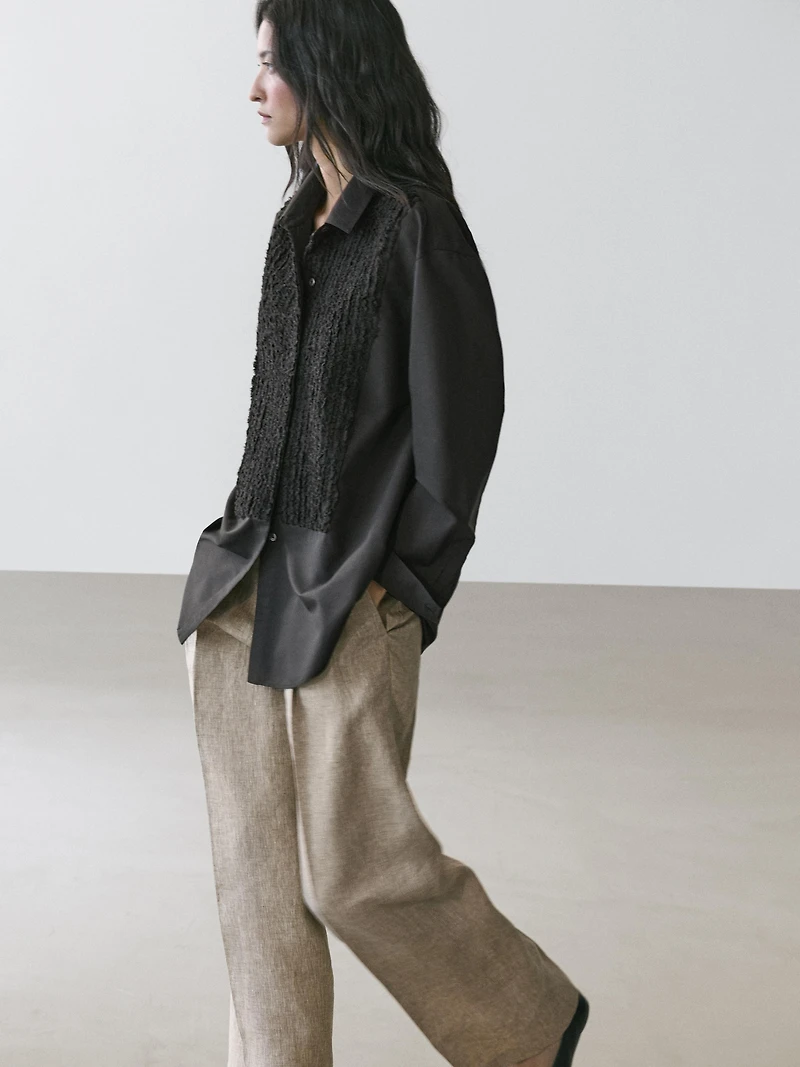 Bib front shirt with embroidered detail