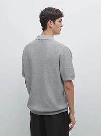 Linen and cotton blend knit polo shirt with short sleeves