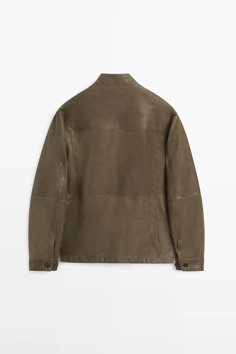 Distressed-effect goatskin leather jacket