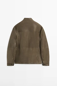 Distressed-effect goatskin leather jacket