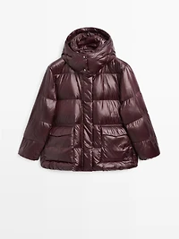 Short water-repellent puffer jacket with hood