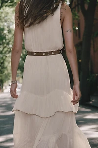 BELTED RUFFLED MIDI DRESS